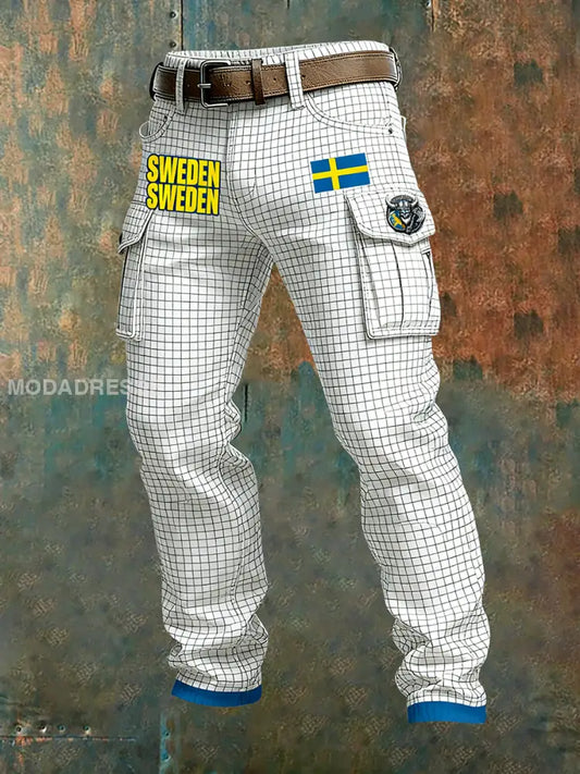 Mäns Vintage Viking Svenska Flag Mönster Tryck företag Casual Work Byxor A / S