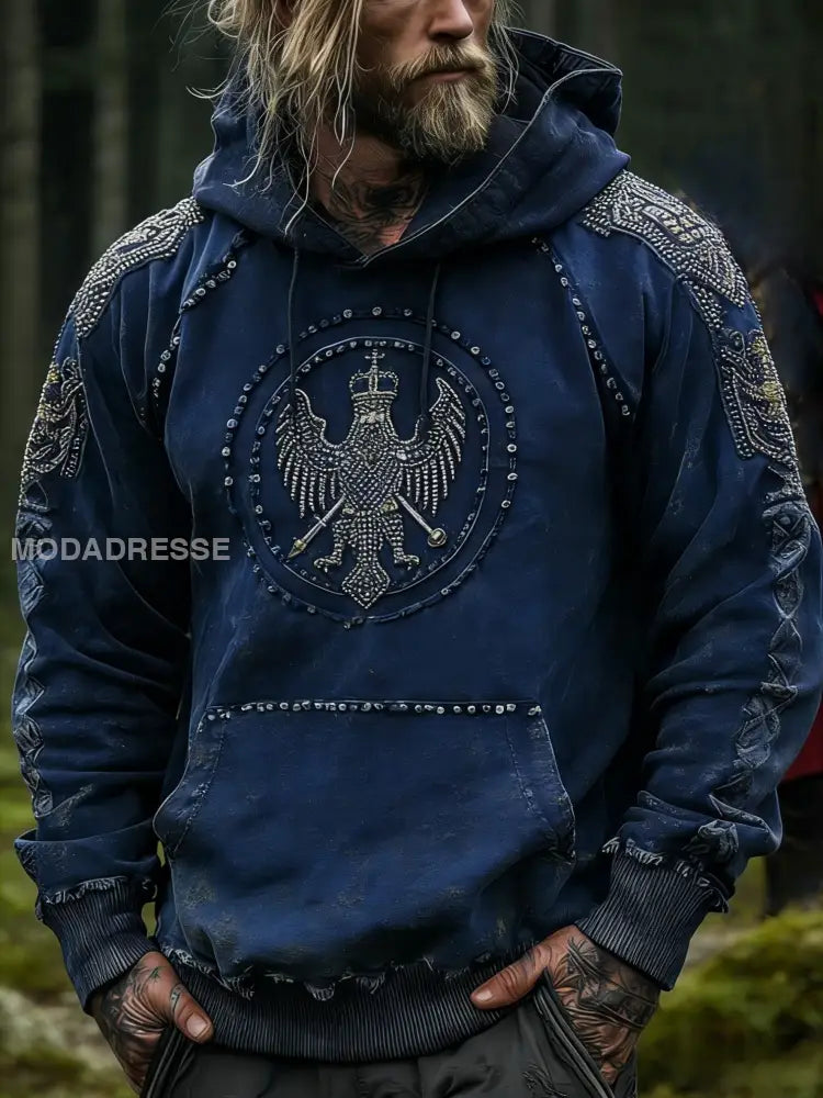 Mäns Vintage Viking Svenska Veteran Distressed Art Print Casual bomull Hooded Pocket Sweatshirt blå / S
