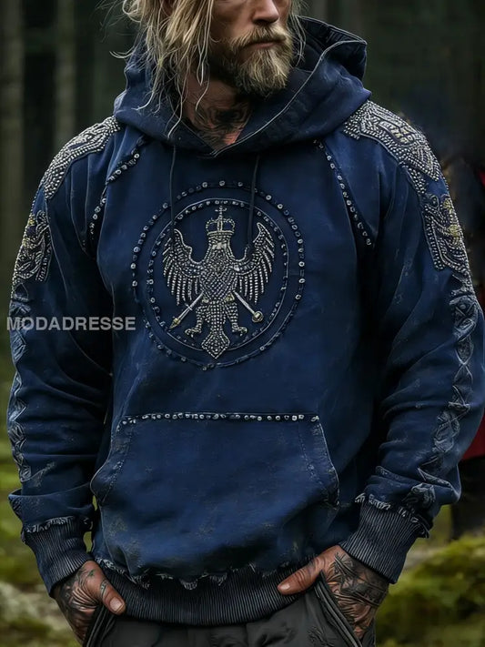 Mäns Vintage Viking Svenska Veteran Distressed Art Print Casual bomull Hooded Pocket Sweatshirt blå / S
