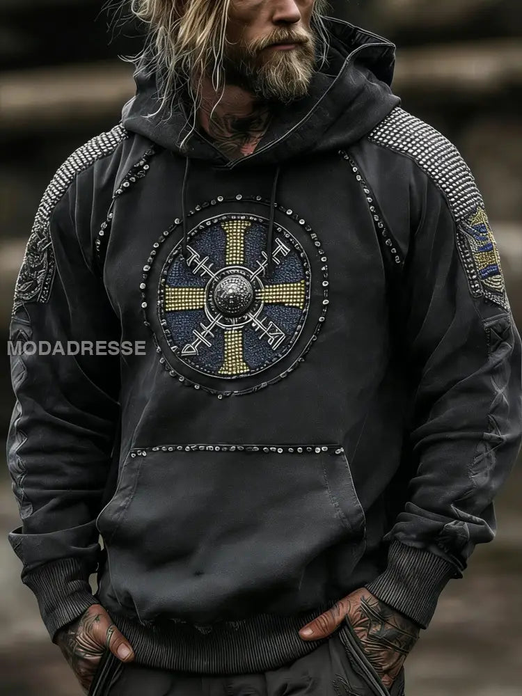 Mäns Vintage Viking Svenska Veteran Distressed Art Print Casual bomull Hooded Pocket Sweatshirt grå / S