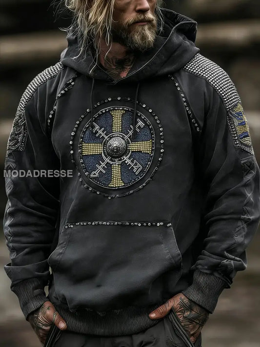 Mäns Vintage Viking Svenska Veteran Distressed Art Print Casual bomull Hooded Pocket Sweatshirt grå / S