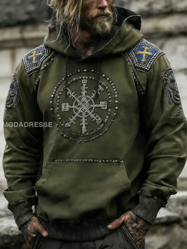 Mäns Vintage Viking Svenska Veteran Distressed Art Print Casual bomull Hooded Pocket Sweatshirt grönt / S