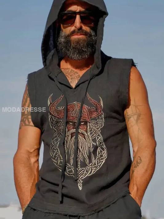 Mäns vintage Vikingad väst med huvad svart / S