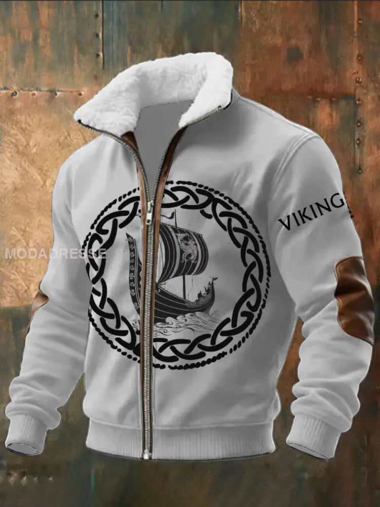 Mäns vit keltisk knop Viking skepp Skriv ut Sherpa - fodrad Zip Jacka flerlog / S