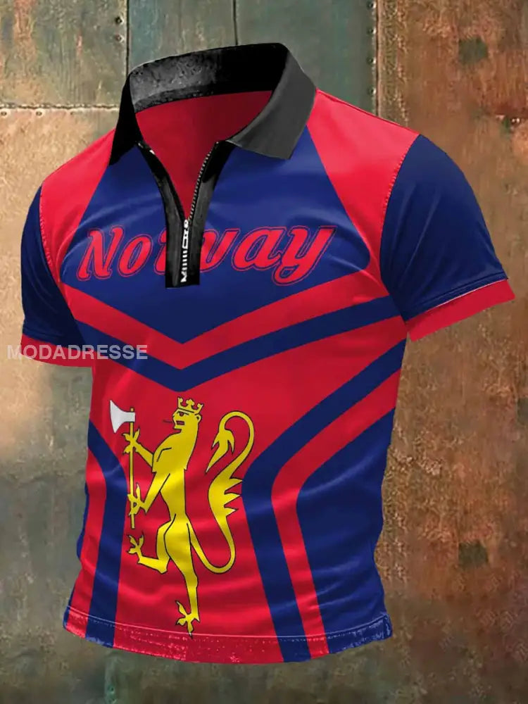 Mannens Norge Skriv ut zip-opp Polo hals T-shirt S