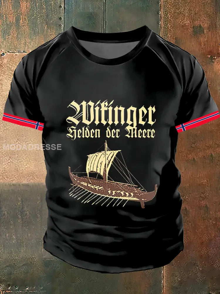 Menens viking drageskip skriv ut Vintage mote stempel Kort erme T-shirt S