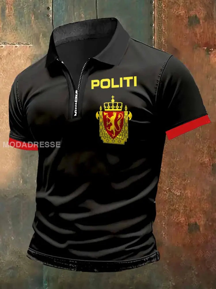 Mennpoliti skriv ut zip-opp Polo hals T-shirt S