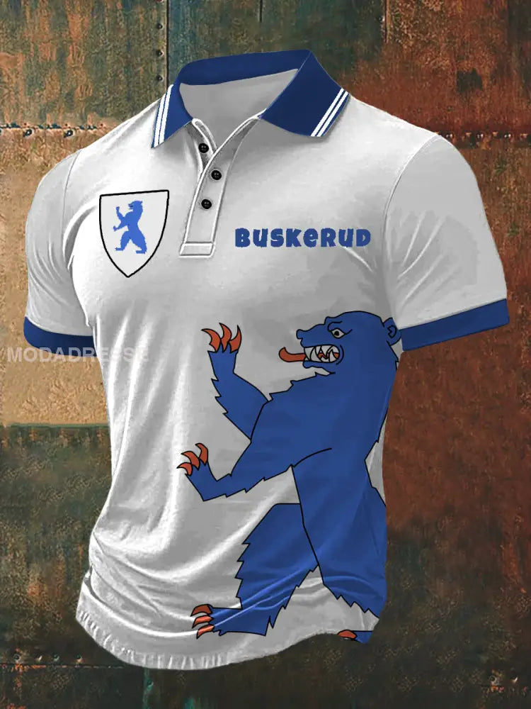 Menns Buskerud Skriv ut Polo hals T-shirt kvite / S