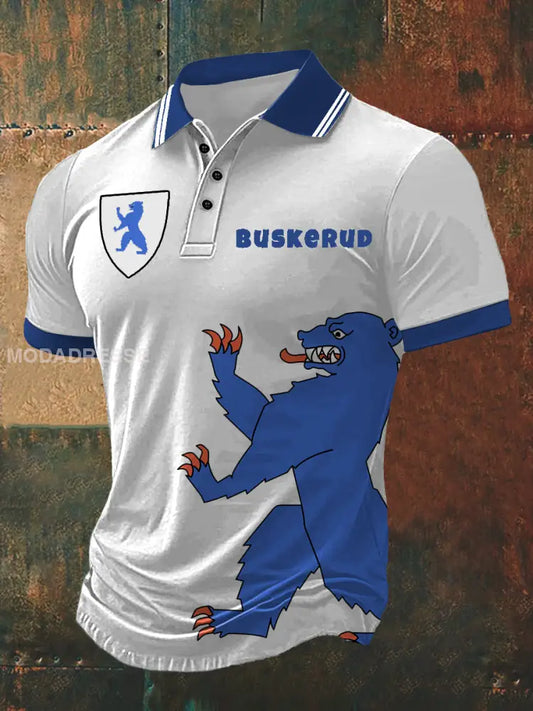 Menns Buskerud Skriv ut Polo hals T-shirt kvite / S