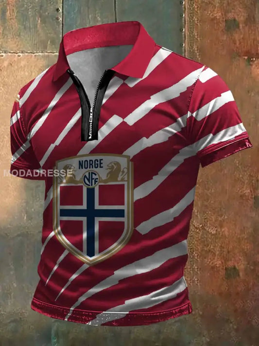 Menns norge fargerige striper Skriv ut zip-opp Polo hals Kort erme T-shirt S
