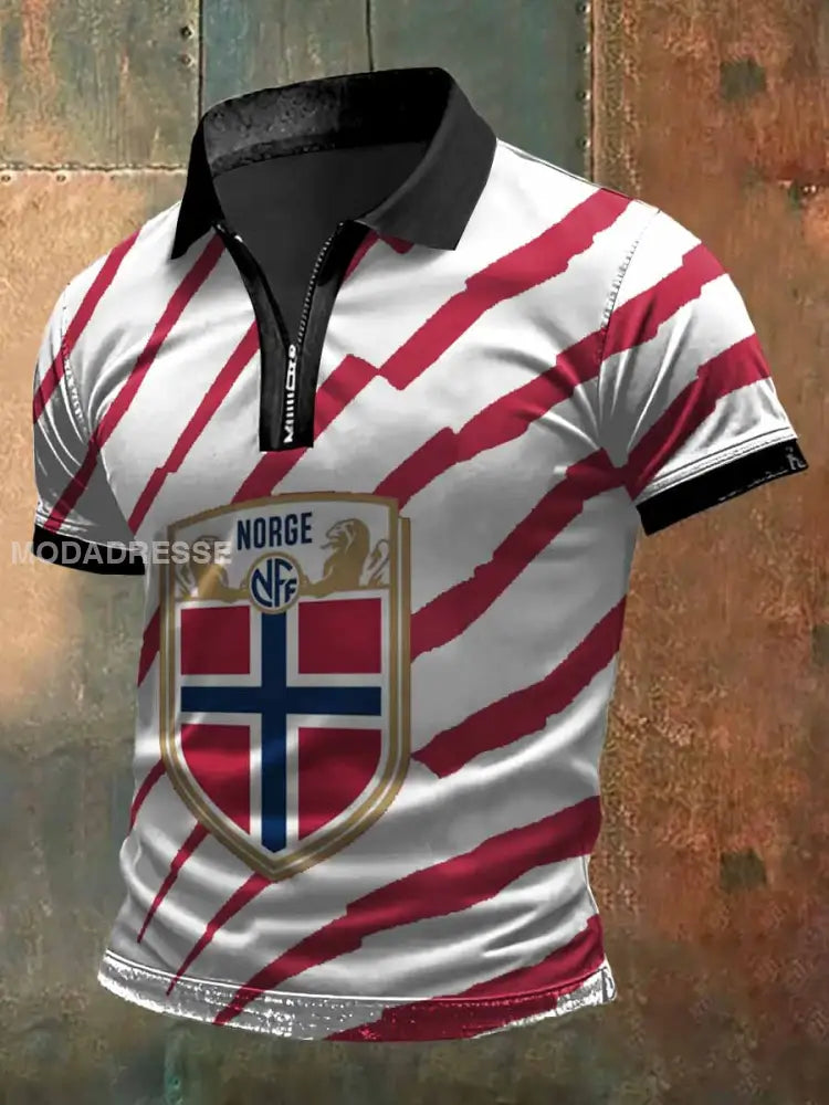 Menns norge fargerige striper Skriv ut zip-opp Polo hals Kort erme T-shirt S