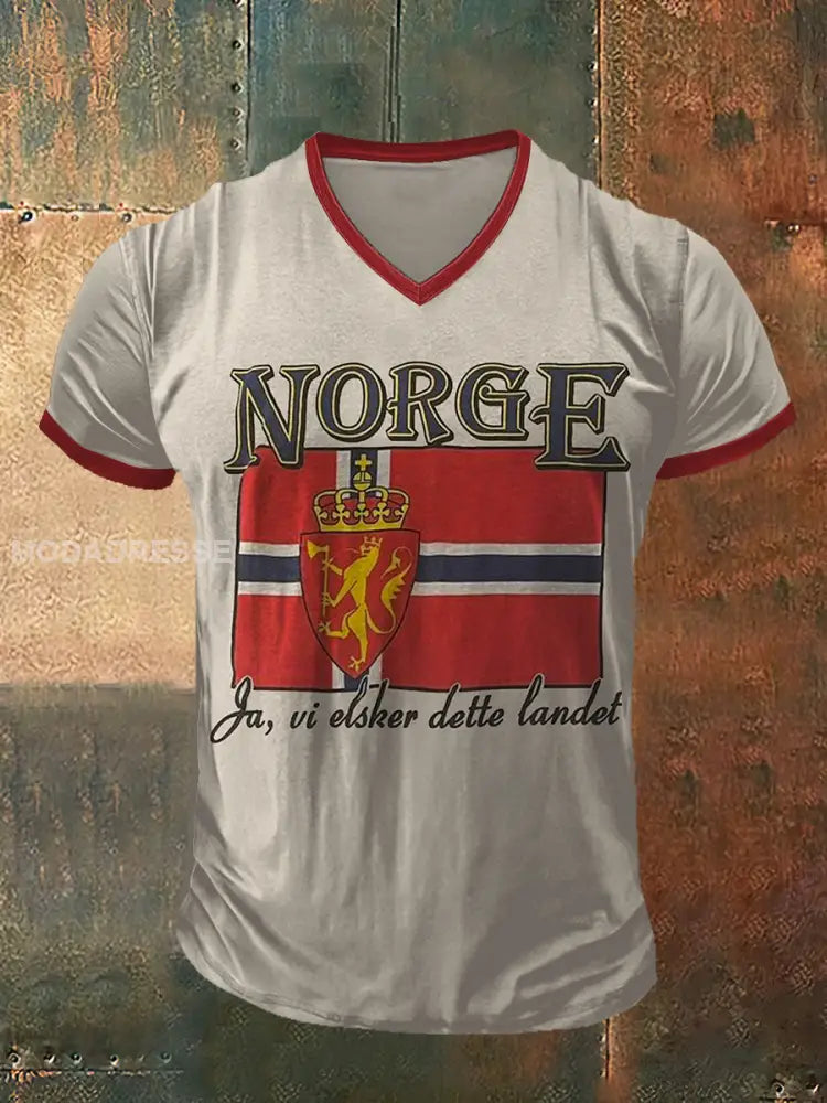 Menns norge flagg trykt vintage kort erme V-hals T-shirt som bilete / S