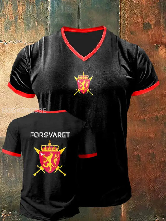 Menns Norge Forsvaret Trykt Vintage Mote Kort erm V-hals T-shirt S