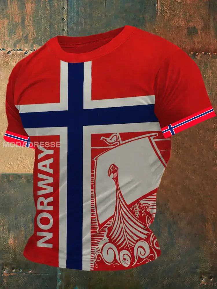 Menns Norge viking krigskrigsskip Skriv ut Vintage Mode Kort erme T-shirt S