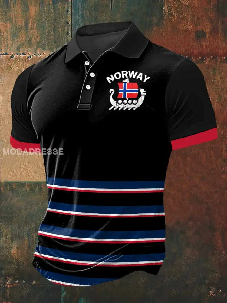 Menns Norge Viking skip Striper Print Polo hals Kort erme T-shirt S