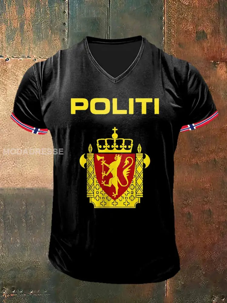 Menns politi trykt vintage kort erm V-hals T-shirt S