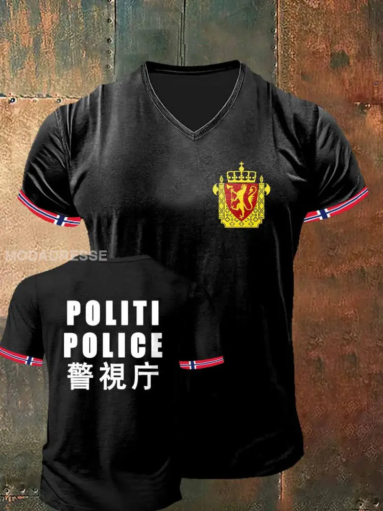 Menns politiavdeling trykt på kort erm V-hals T-shirt S