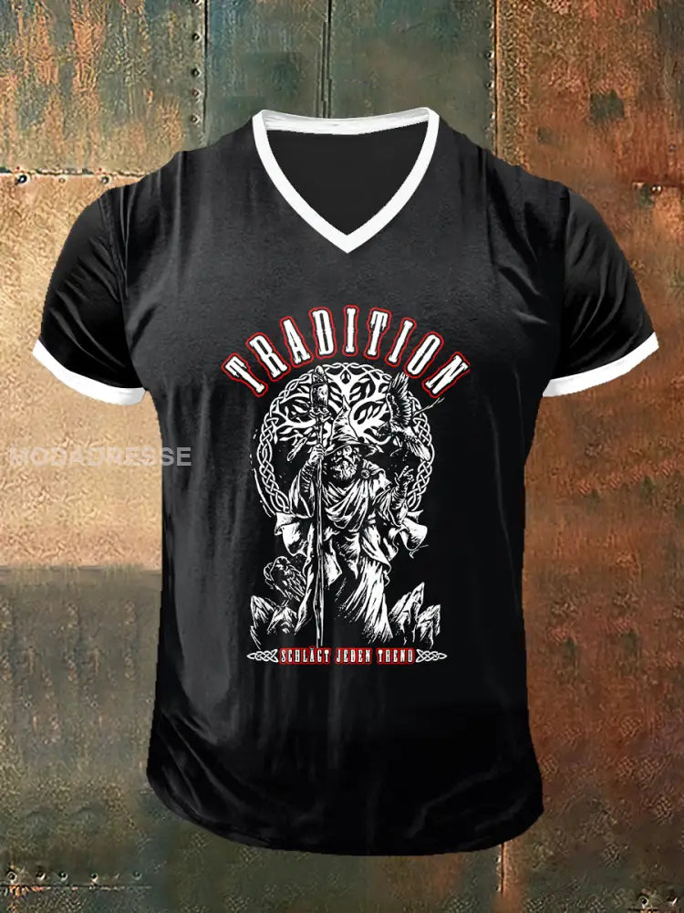 Menns tradisjon trykt vintage kort erm V-hals T-shirt S