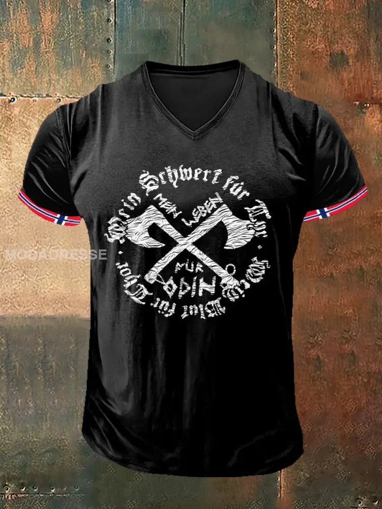 Menns vikinge strid økse trykt Vintage Fashion Kort erm V-hals T-shirt S