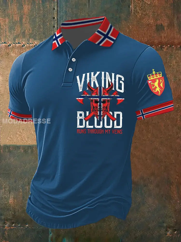 Menns vikingeblod løper gjennom mine vener trykt polo skjert blå / S
