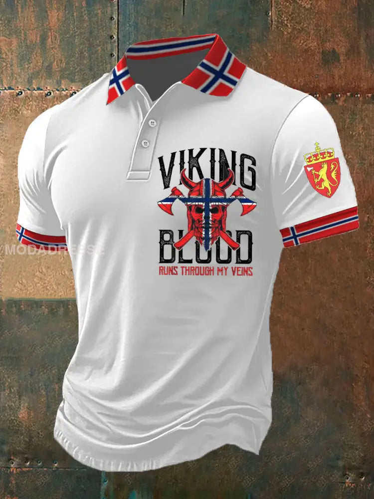 Menns vikingeblod løper gjennom mine vener trykt polo skjert kvit / S