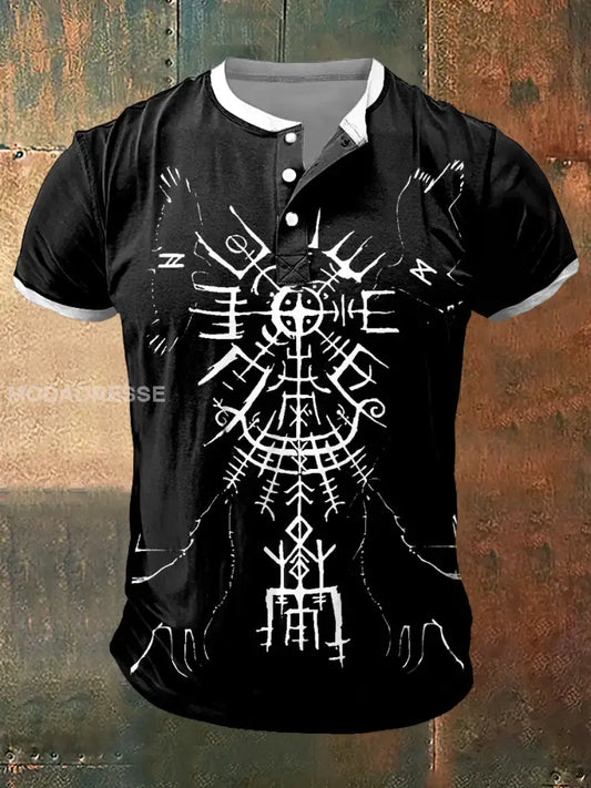 Menns vikingstil utskrift kunstkort erme henley hals T-shirt S