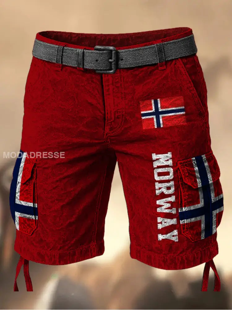 Menns Vintage Norge Flag Grafisk trykt tekstur Casual Cargo Shorts A / L