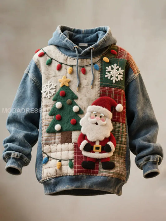 Men’s Christmas Santa Felt Art Vintage Washed Hoodie As picture / S