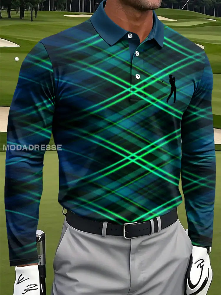 Men’s Retro Abstract Linje Skriv ut Casual Business Långärmad Polo tröj flerlog / S