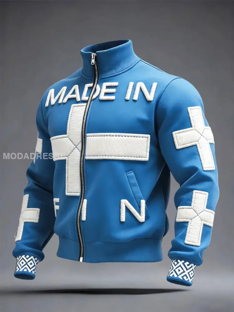 Miesten Blue Made in Finland Patchwork Design Painettu Casual Zip-Up Takti häijyinen sininen / S