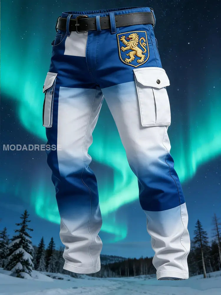 Miesten eloisa sini-valkoinen Ombre Suomen Lion Crest Cargo housut(nThick) moniväri / S