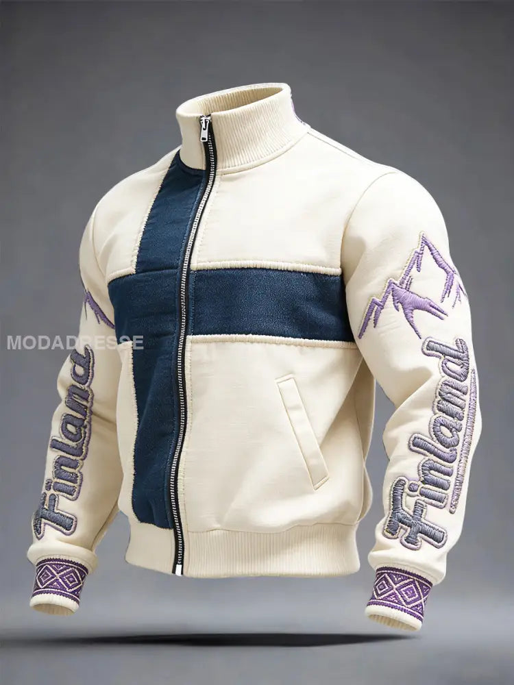 Miesten off-valkoinen suomalainen patchwork Print Casual Zip-Up Takti S