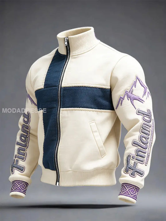 Miesten off-valkoinen suomalainen patchwork Print Casual Zip-Up Takti S