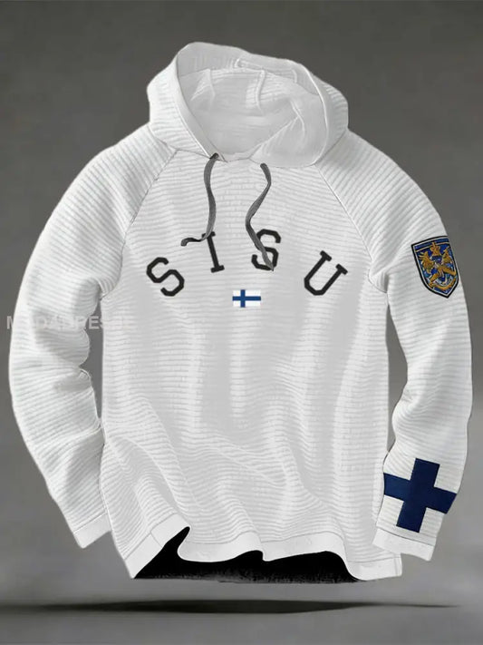 Miesten puhdas valkoinen ’SISU’ suomalainen Lion Crest Hoodie. moniväri / S