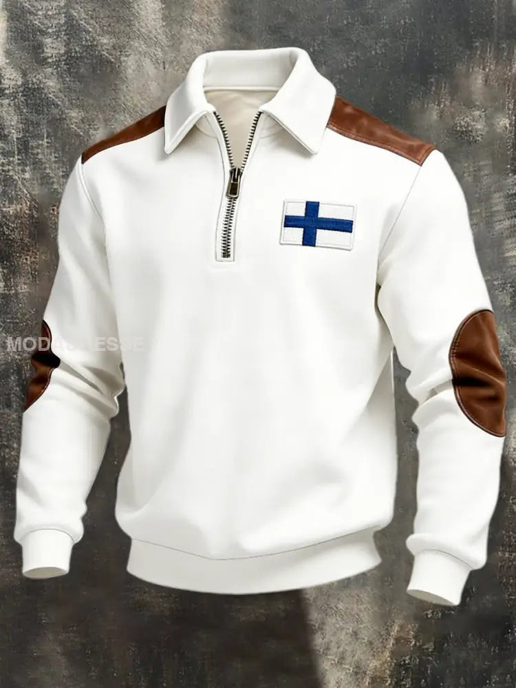 Miesten puhdas valkoinen suomalainen lippu Nahka-Accent Quarter-Zip Sweatshirt moniväri / S