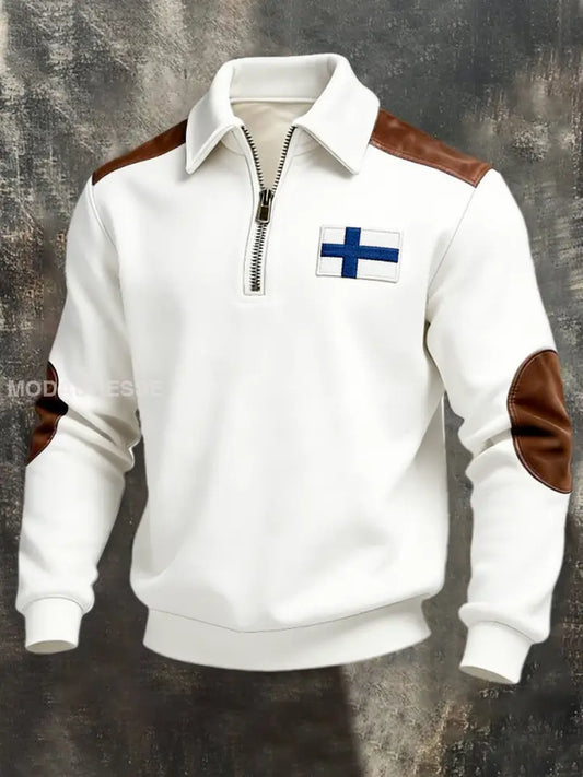 Miesten puhdas valkoinen suomalainen lippu Nahka-Accent Quarter-Zip Sweatshirt moniväri / S