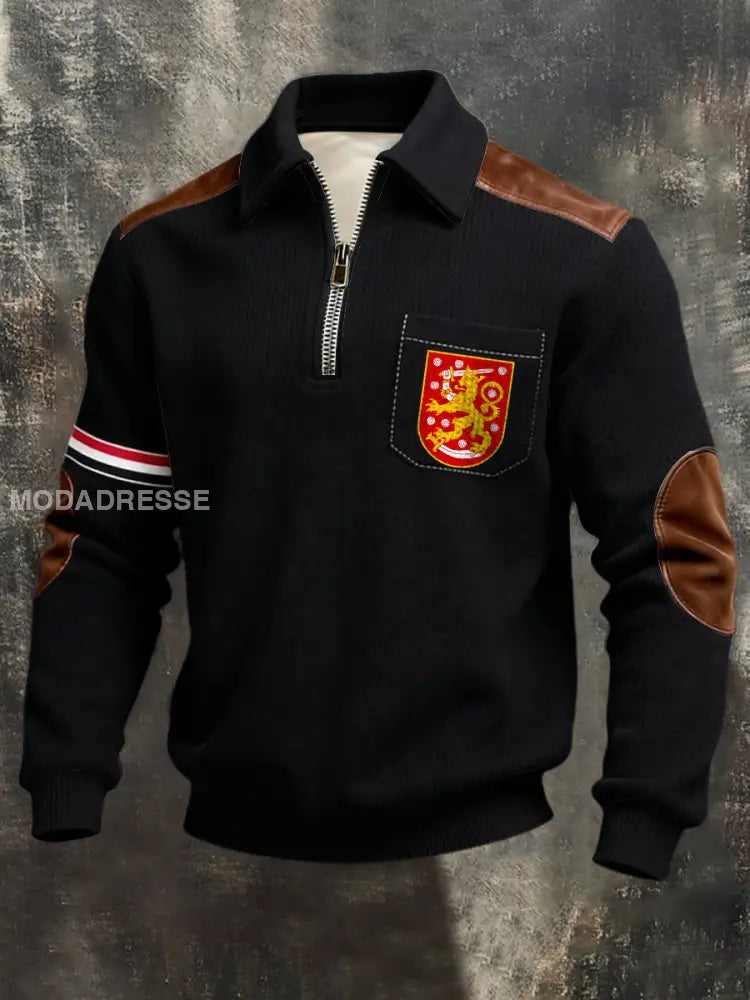Miesten rohkea musta suomalainen leijona Crest Nahka-Accent Quarter-Zip Sweatshirt moniväri / S
