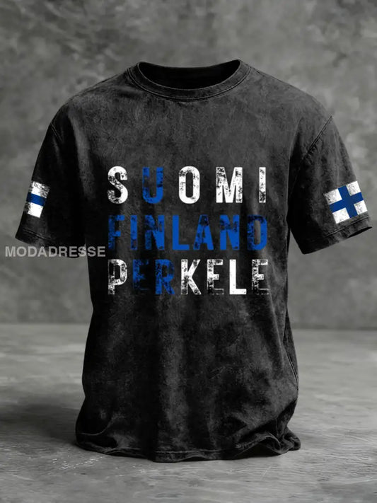 Miesten rohkea musta ’SUOMI FINLAND PERKELE’ Graafinen T-paiti moniväri / S