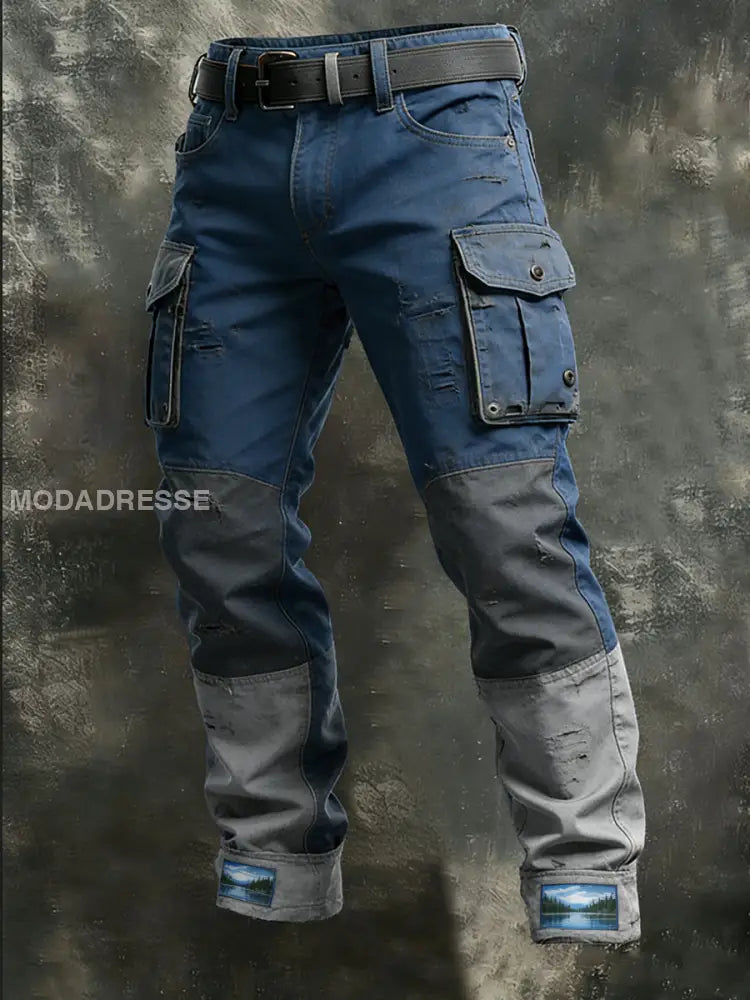 Miesten Rugged Blue-Harmaa Distressed Patchwork Cargo housut (nThick) moniväri / S