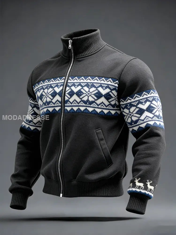 Miesten Rustic musta pohjoismainen knit & poro Full-Zip Taki moniväri / S