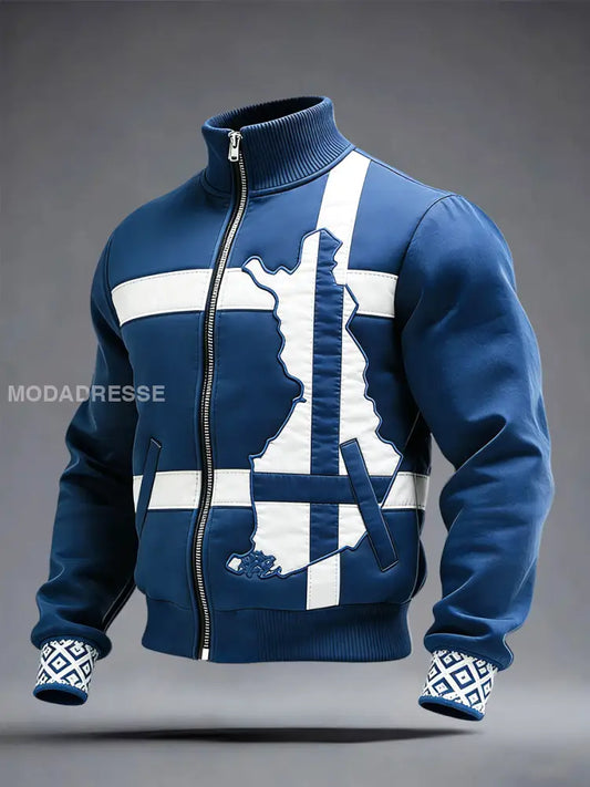 Miesten sininen Suomi Kartta Patchwork Tulosta Zip-Up Takki sininen / S