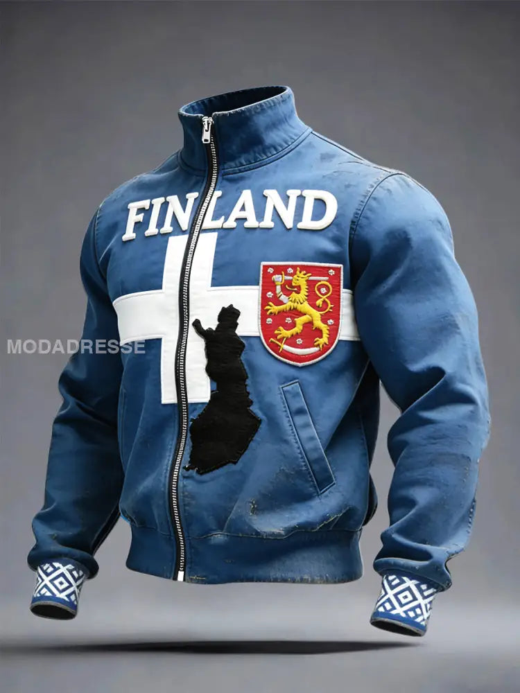 Miesten sininen Suomi Kartta Patchwork Tulosta Zip-Up Takki sininen / S