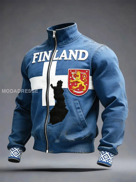 Miesten sininen Suomi Kartta Patchwork Tulosta Zip-Up Takki sininen / S