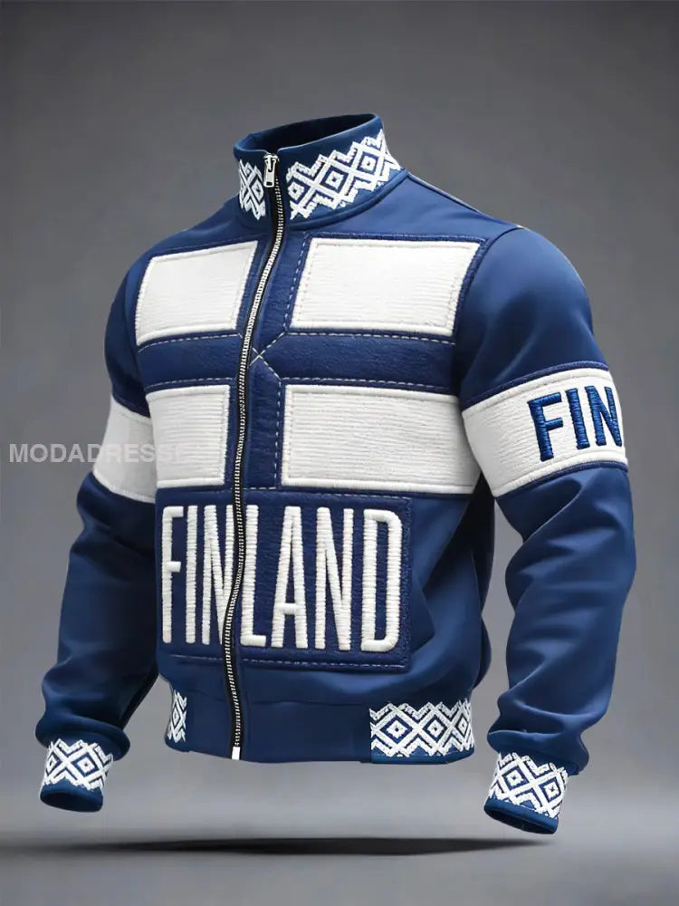 Miesten sininen Suomi Lippulaite Tulosta Casual Zip-Up-takki Merellinen sininen / S