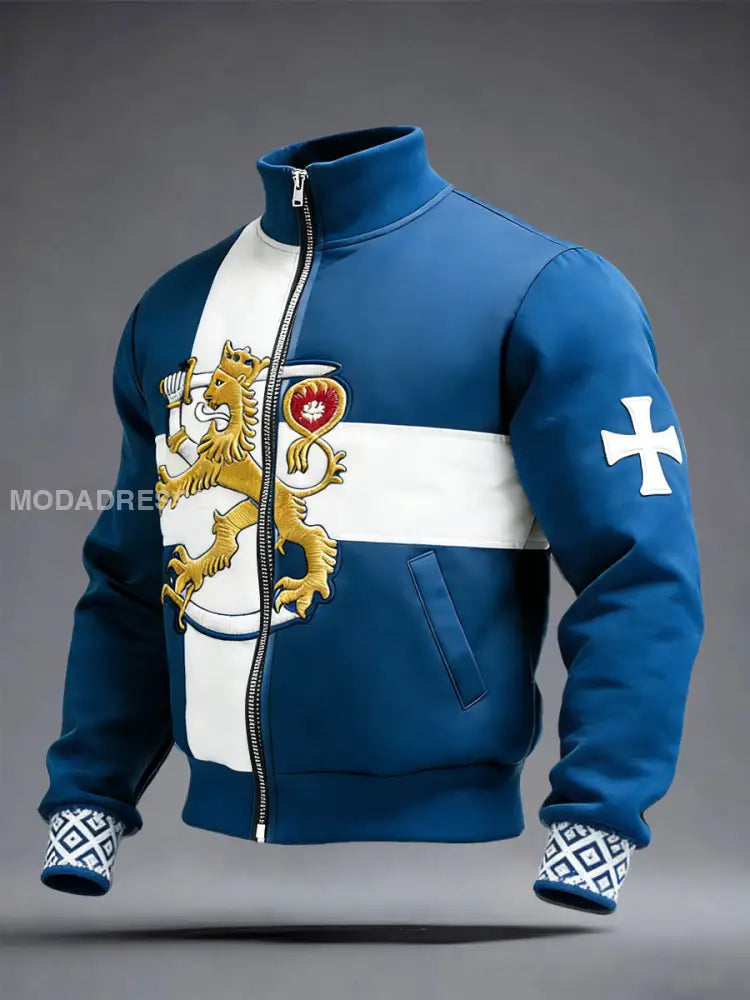 Miesten sininen Suomi Lippulaite Tulosta Casual Zip-Up-takki sininen / S