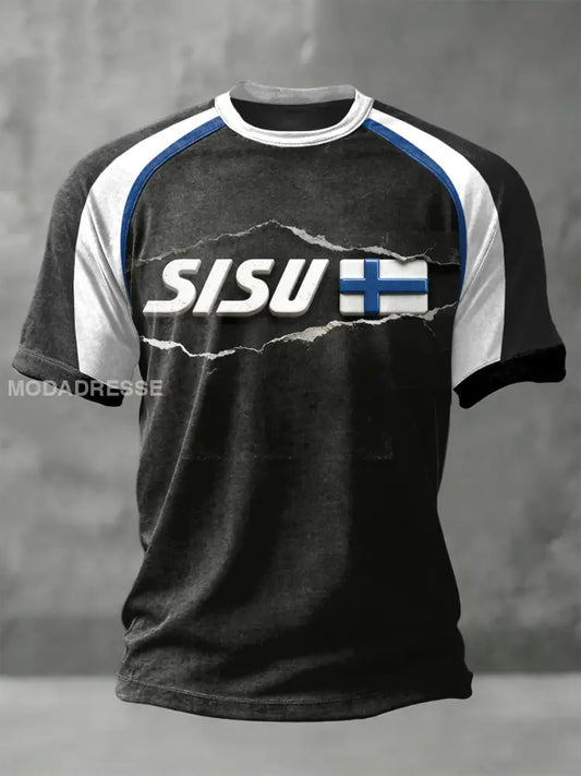Miesten SISU Suomen lippu Tulosta Musta Casual T-paia musta / S