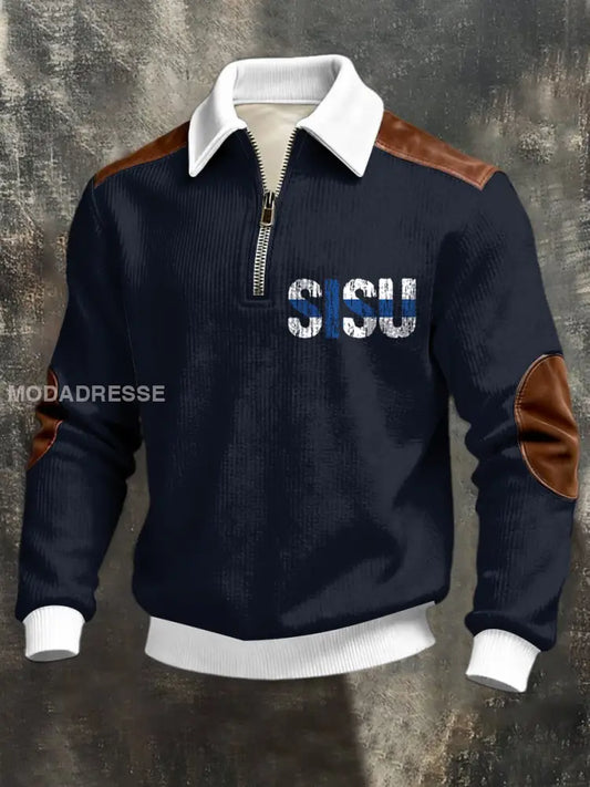 Miesten Sleek Navy ’SISU’ Lippu Nahka-aktentti-kvartel-Zip Sweatshirt moniväri / S