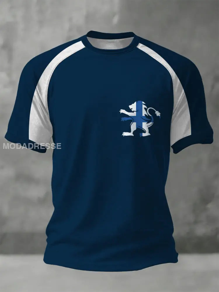 Miesten Sleek Navy-White Ringer Suomen Lion Lippu T-paito moniväri / S