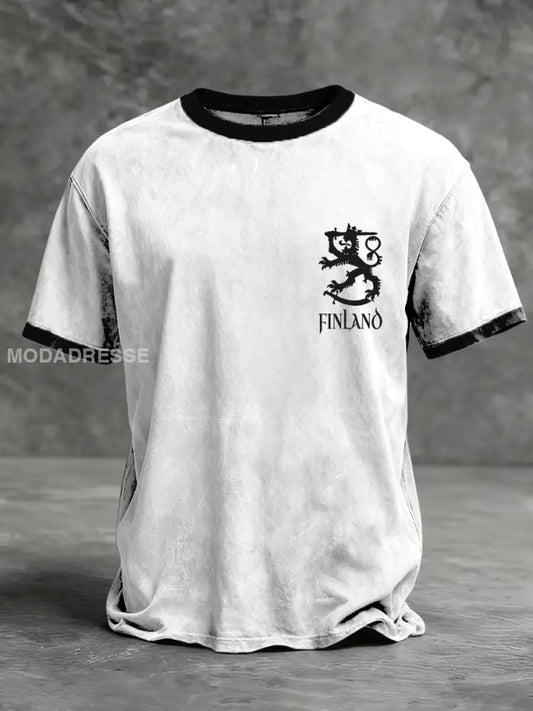 Miesten Sleek valkoinen ’FINLAND’ Lion Crest Ringer T-paiti moniväri / S