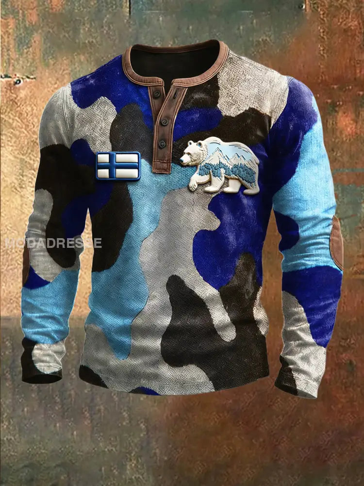 Miesten suomalainen karhu naamiointi Tulosta patchwork Henley kaula Sweatshirt moniväri / S